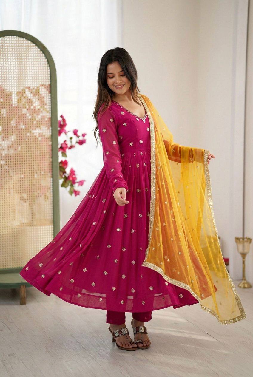 Premium Faux Georgette Embroidered Gown, Pant & Dupatta