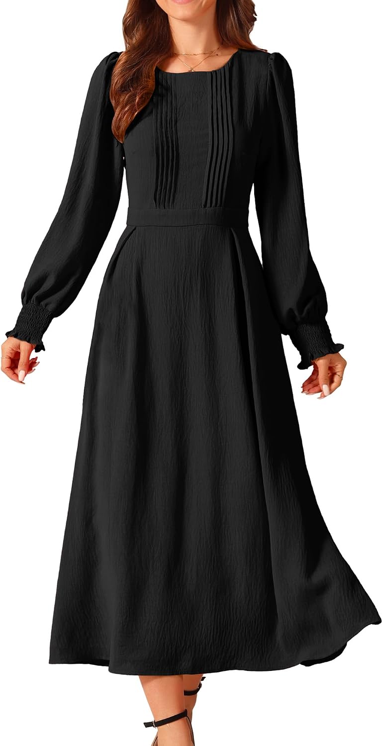 Seta T Women's Fall Dress Frilled Long Sleeve A-Line Casual Midi Dresses | Crewneck, Smocked Cuff, Front Pleated, Pockets, Flowy and Lightweight, Party Elegant Outfit 2026