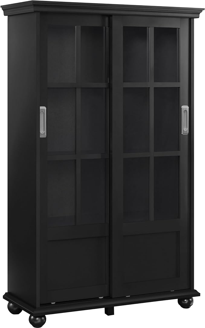 Ameriwood Home Aaron Lane Bookcase with Sliding Glass Doors, Black - LeafyLoom