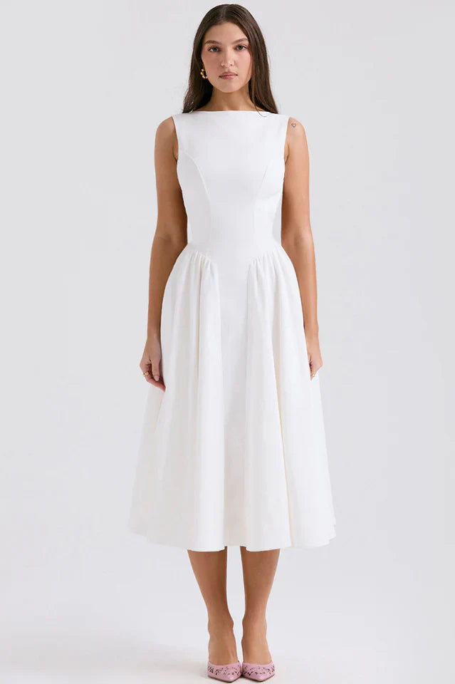Cindy White Twill Midi Sundress