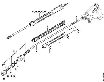 STIHL 4925-500-8401 Strahlrohr abgewinkelt mit Düsenkopf, 950 mm positie 1 technische tekening