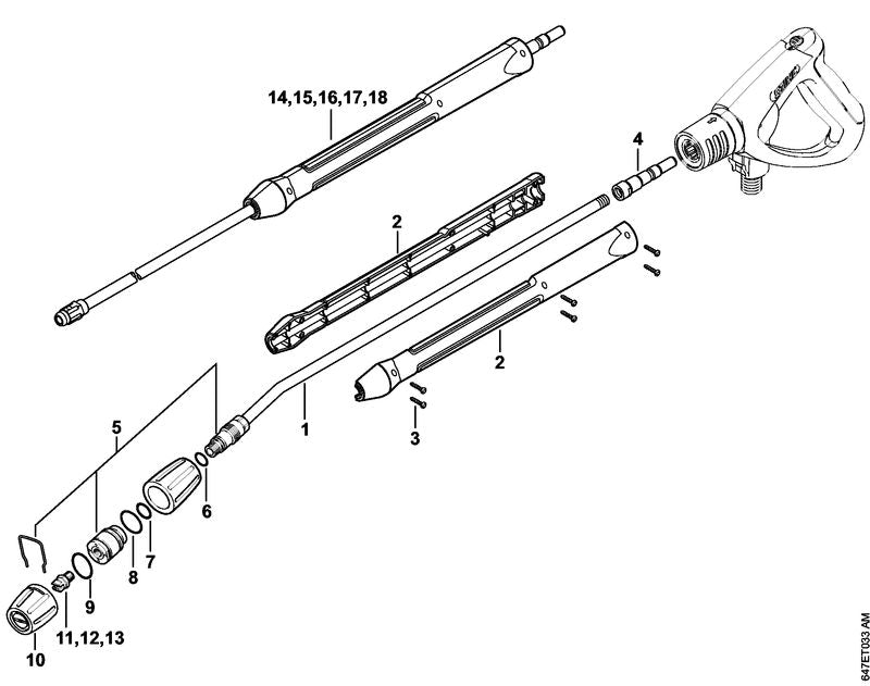 STIHL 4925-500-8401 Strahlrohr abgewinkelt mit Düsenkopf, 950 mm positie 1 technische tekening