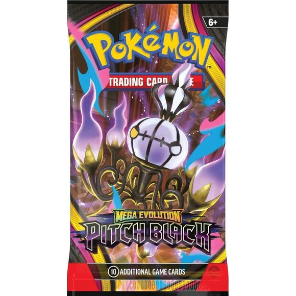 Release Date  07/17/2026
Each sealed Pitch Black Booster Pack contains 10 random cards. Delve into Darkness Beyond Limits! Twinkling city lights and a starry sky become obscured in darkness as Mega Darkrai ex arrives with mystery and malice! But Mega Zeraora ex fights back with thunderous strikes of lightning, leading the way for Mega Chandelure ex, Mega Excadrill ex, and more to join the fray. Shadows deepen and nightmares become reality in the Pokemon TCG: Mega Evolution- Pitch Black expansion! Over 115 c