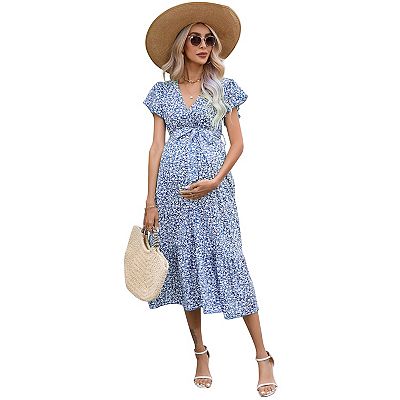 Women's Maternity V Neck Wrap Maxi Summer Dress Short Sleeve Boho Casual Nursing Dresses