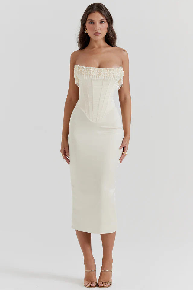 Nalita Vintage Cream Beaded Strapless Dress