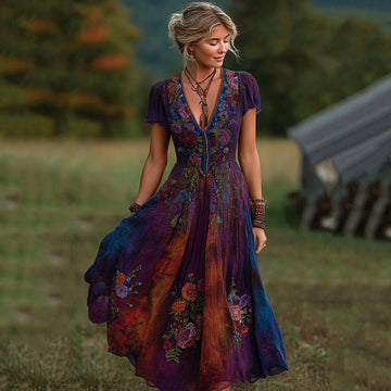 Vintage Lavender And Floral Embroidered Art Linen V Neck Maxi Dress artswardrobe