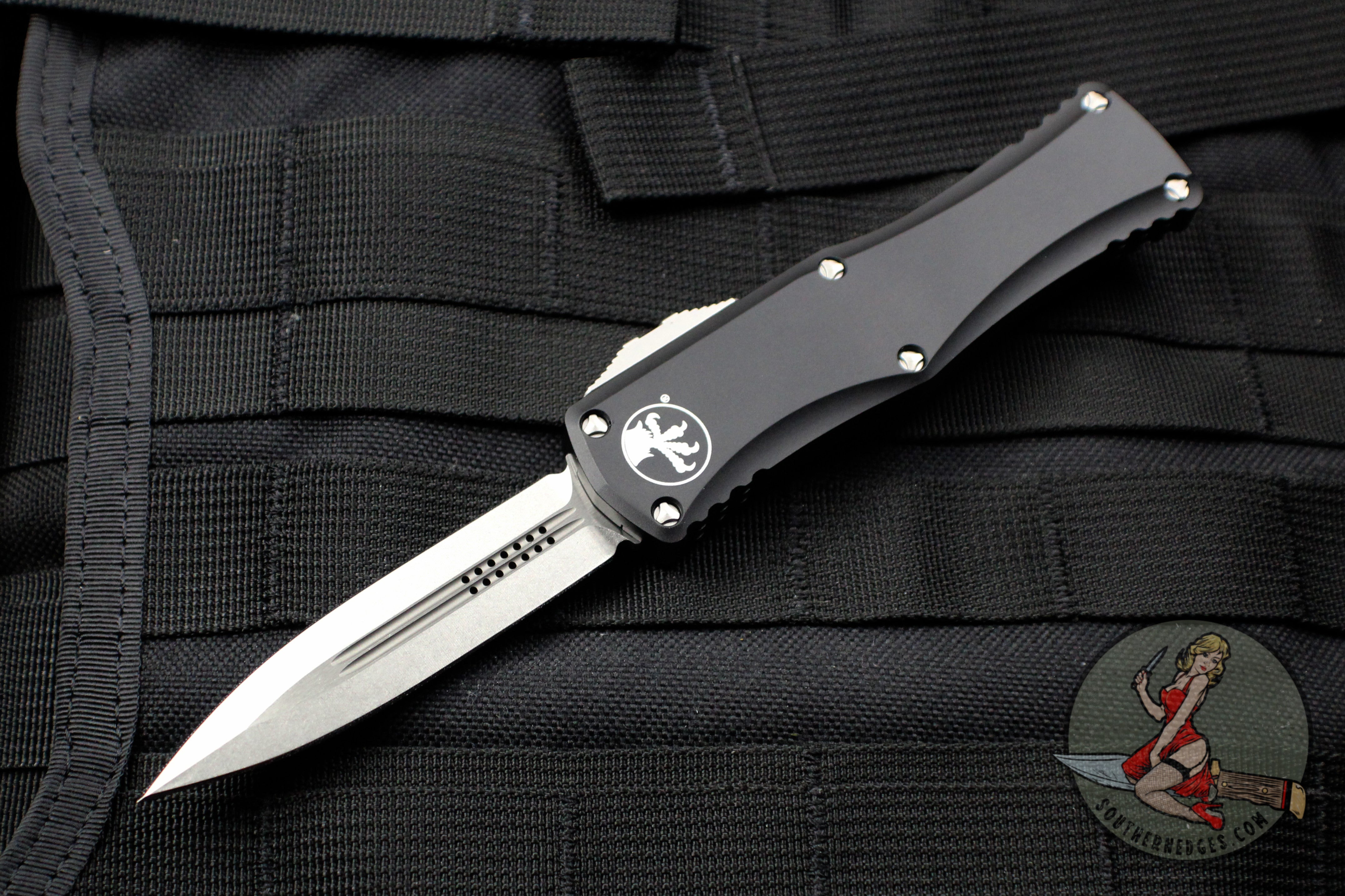 Microtech Hera OTF Knife- Double Edge- Black Handle- Stonewash Blade 702-10