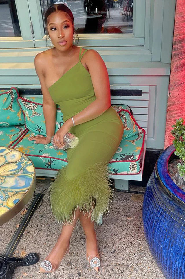 One Shoulder Halter Fur Swing Dress