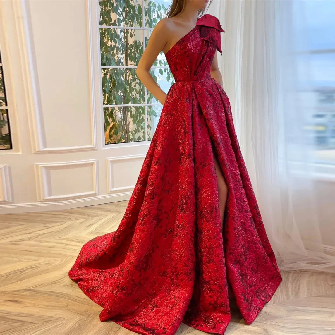 Long One Shoulder Red Dress with Bow Shoulder and Printed Flower Pattern for Formal Evening Parties