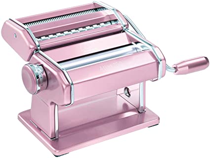 Marcato Atlas 150 Machine, Made in Italy, Pink, Includes Pasta Cutter, Hand Crank, and Instructions