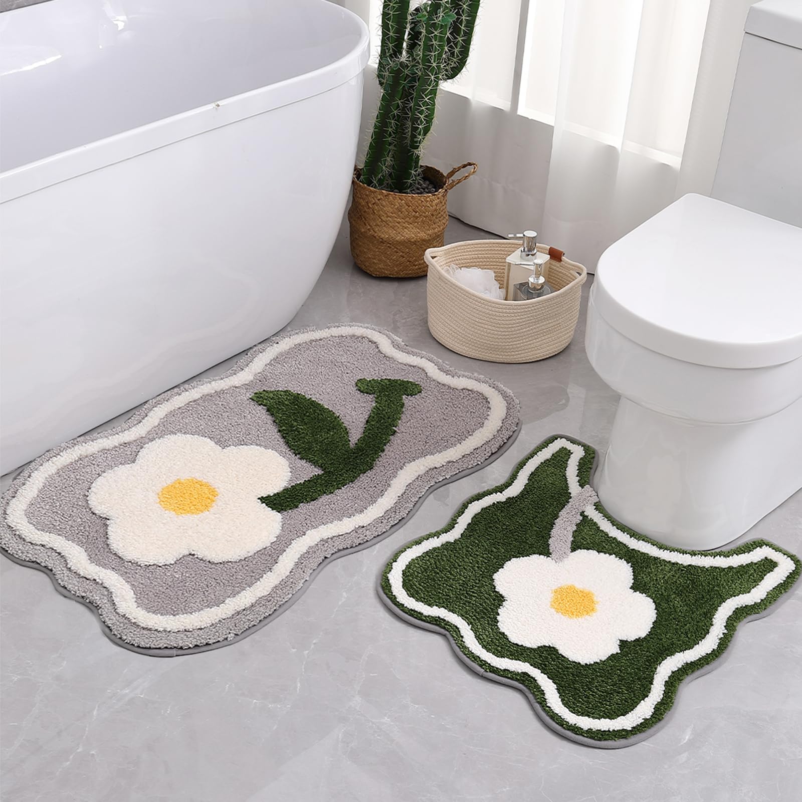 Bathroom Rug Set 2 Piece, Soft Cute Bath Mat And U-Shaped Contour Toilet Rug, Absorbent Microfiber Plush Bath Rug Set, Non-Slip
