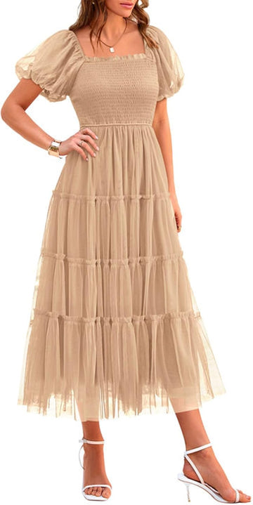 PRETTYGARDEN Women's Summer Smocked Midi Tulle Dress | Lightweight Flowy Mesh, Puffy Short Sleeves, Square Neck, Elegant Dresses for Wedding Guest, Homecoming Party & Baby Shower