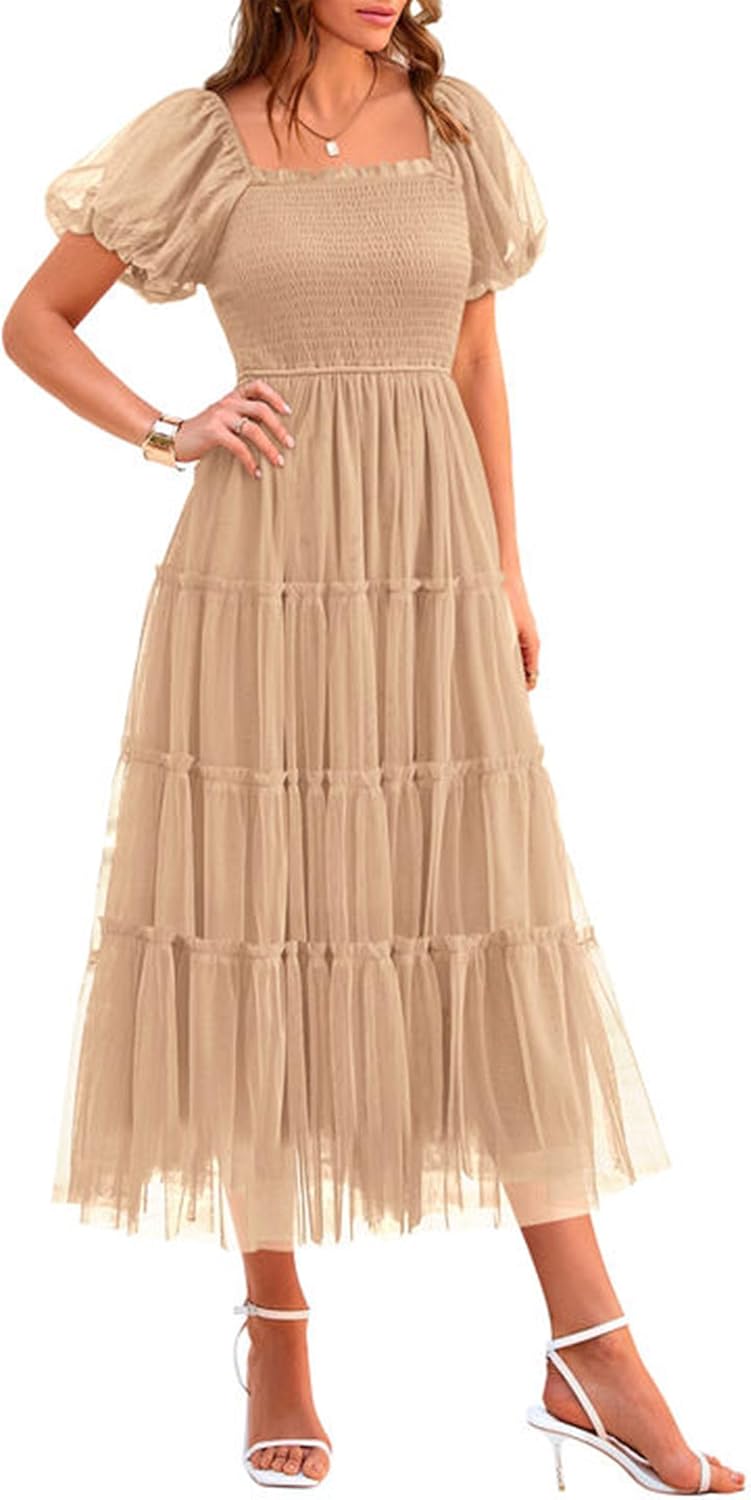 PRETTYGARDEN Women's Summer Smocked Midi Tulle Dress | Lightweight Flowy Mesh, Puffy Short Sleeves, Square Neck, Elegant Dresses for Wedding Guest, Homecoming Party & Baby Shower