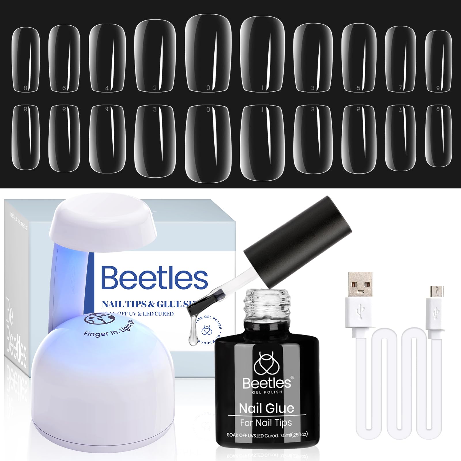 Beetles Gel Nail Kit Easy Nail Extension Set 500Pcs Pre shaped Short Square False Nail Tips with 5 in 1 Mutipurpose Glue Gel Bas