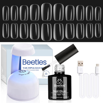 Beetles Gel Nail Kit Easy Nail Extension Set 500Pcs Pre shaped Short Square False Nail Tips with 5 in 1 Mutipurpose Glue Gel Bas