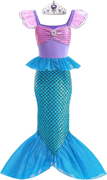 Mermaid Dress, Mermaid Tail Costume Little Girls Princess Dress up with Crown for Girl 3-8 Gift