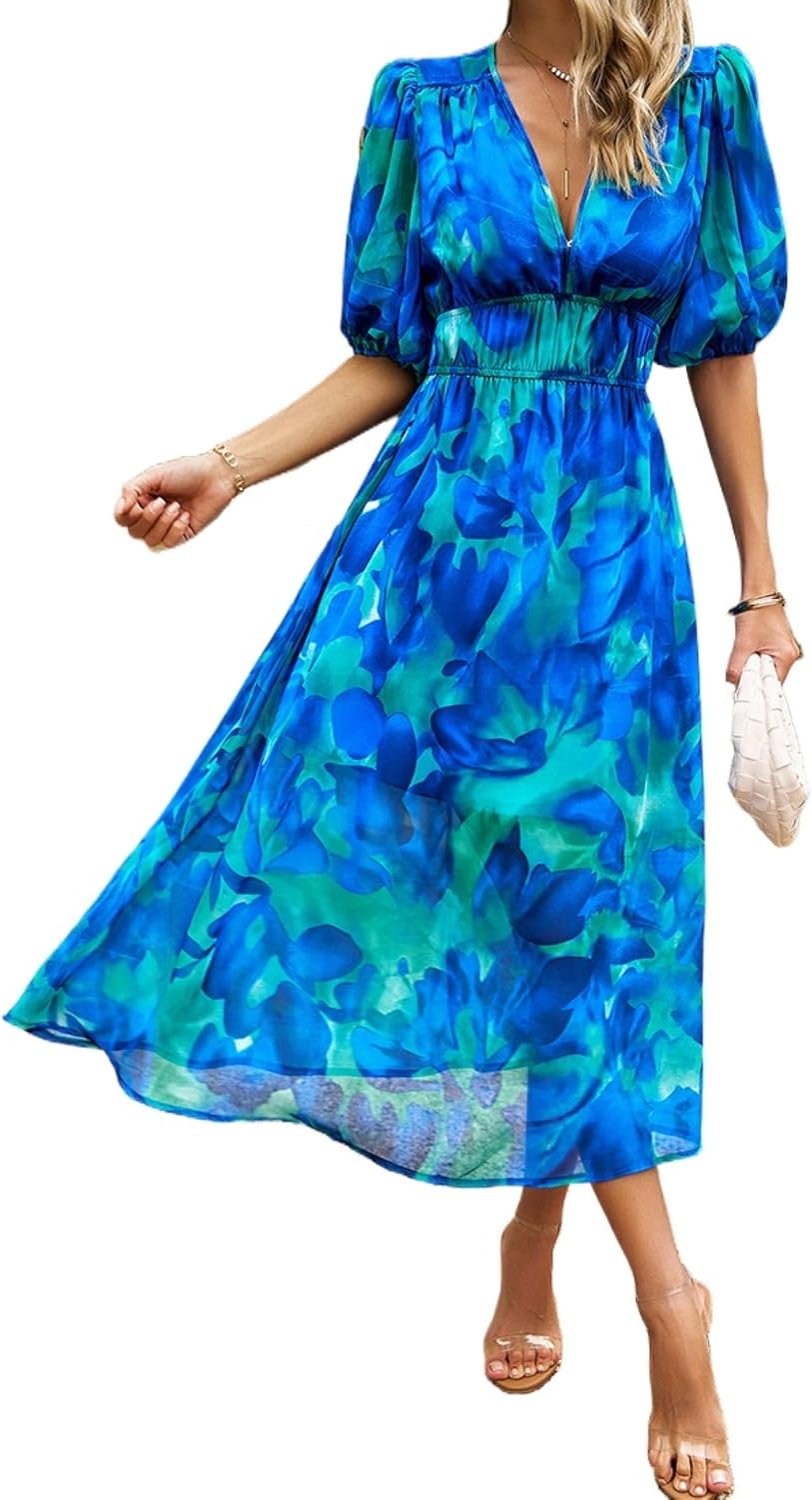 Women's Summer Boho Midi Dress V-Neck Puff Sleeve Flowy Beach Party Dresses Tropical Vacation Cruise Resort Outfits