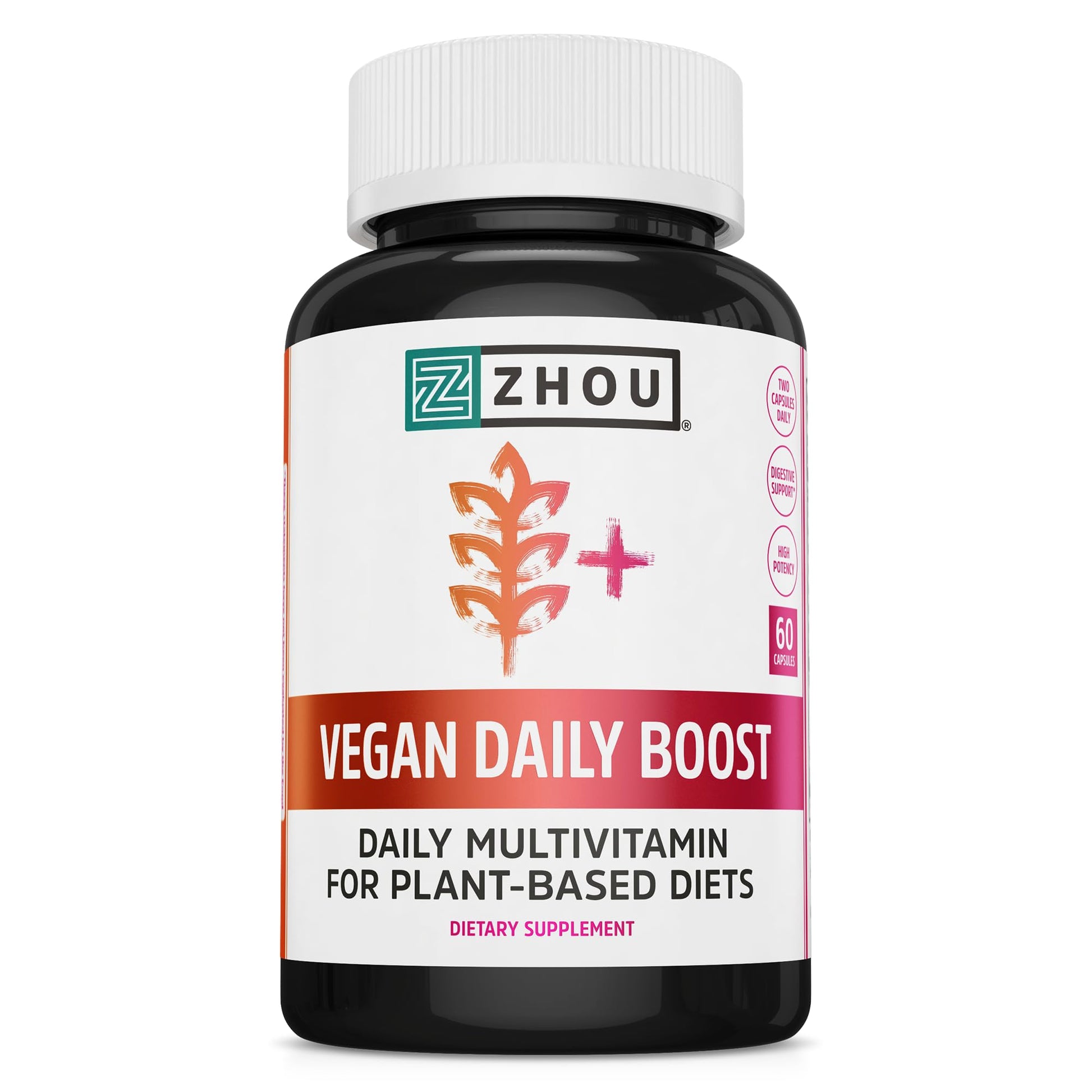 Zhou Vegan Essentials Multivitamin Supplement, B Vitamins, Energy, Vitamin C, Zinc, Immune System Function, Iodine Thyroid Support, Liposomal Iron, Plant-Based Diet Multivitamin, 60 Veg Caps