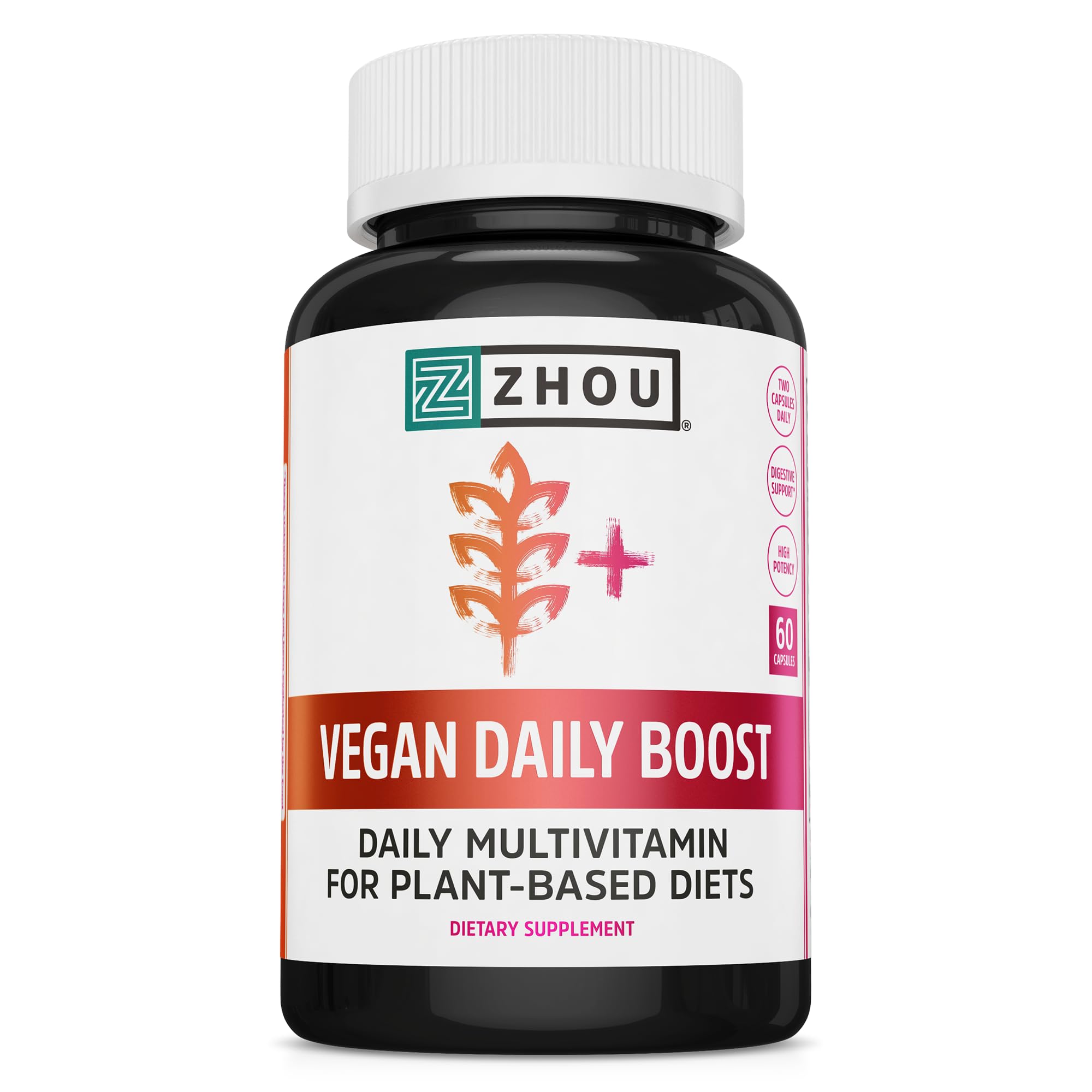 Zhou Vegan Essentials Multivitamin Supplement, B Vitamins, Energy, Vitamin C, Zinc, Immune System Function, Iodine Thyroid Support, Liposomal Iron, Plant-Based Diet Multivitamin, 60 Veg Caps