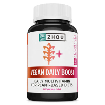 Zhou Vegan Essentials Multivitamin Supplement, B Vitamins, Energy, Vitamin C, Zinc, Immune System Function, Iodine Thyroid Support, Liposomal Iron, Plant-Based Diet Multivitamin, 60 Veg Caps