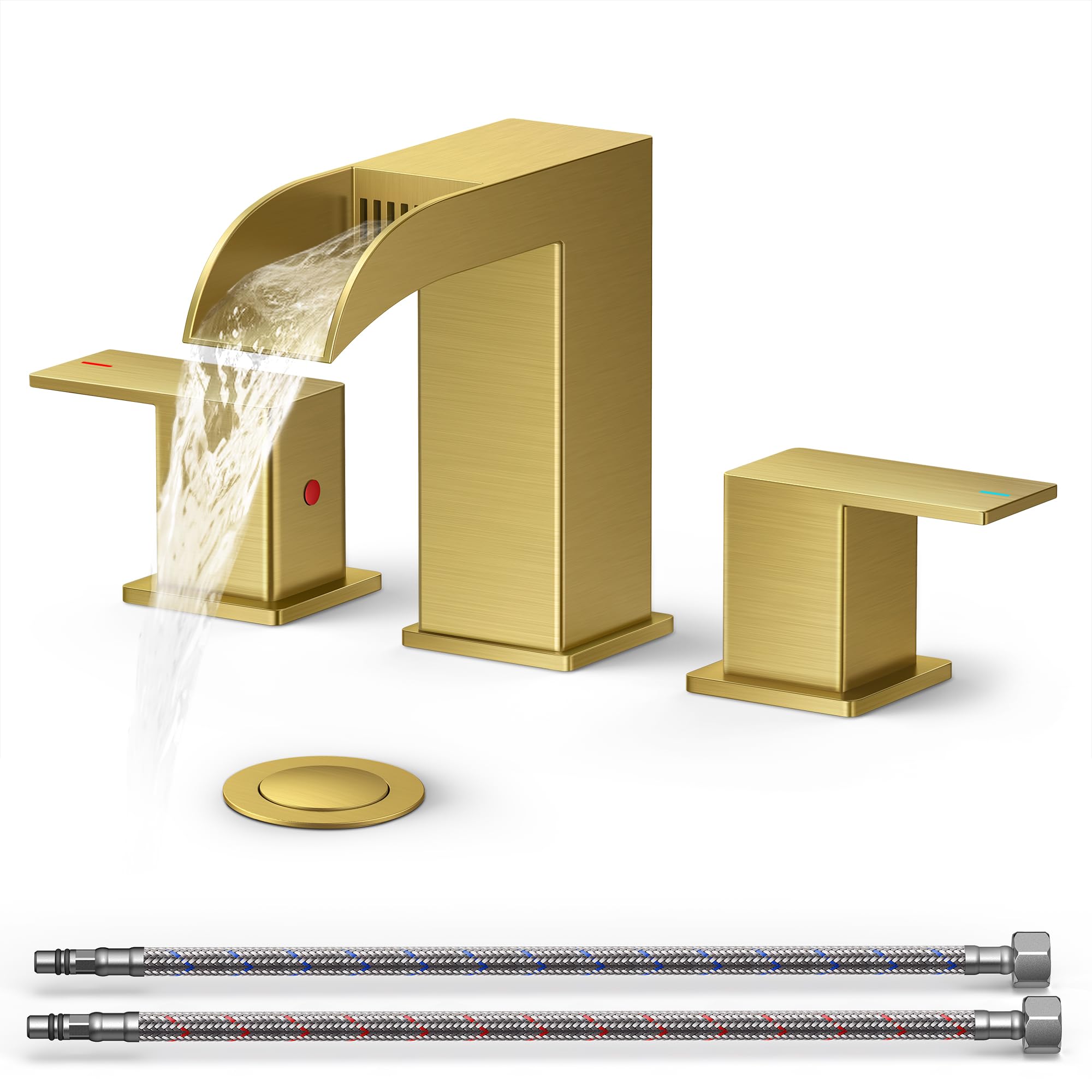 QFN Gold Bathroom Sink Faucet 3 Hole, 8 Inch Widespread Waterfall Square Bathroom Faucets with Metal Pop-up Drain and Cupc Hose Two Handle for Vanity, Lavatory Sink