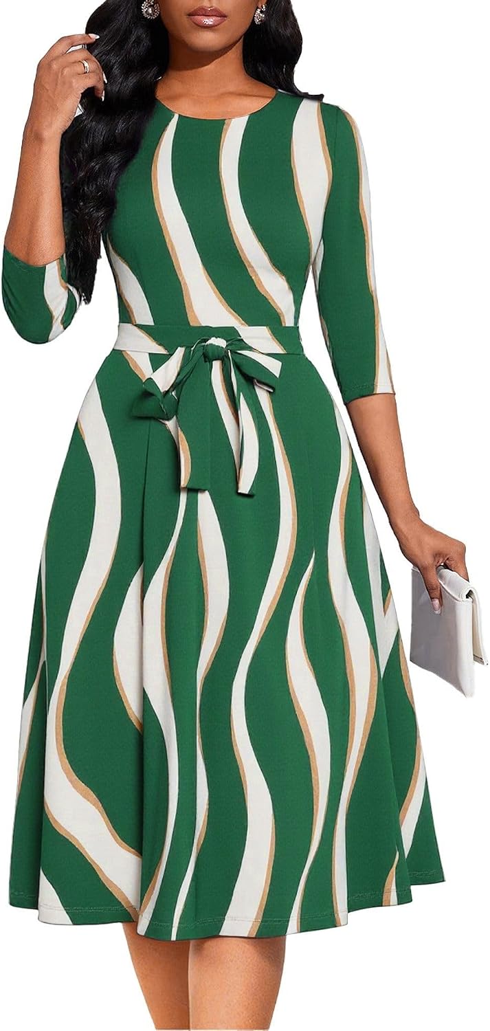 Casual Dresses for Women Midi Church A-Line Fit and Flare Dress Crewneck 3/4 Sleeve Party Dress
