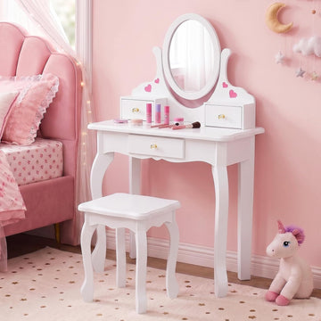 JOYMOR Kids Vanity Set with 3 Drawers and Real Mirror, Princess Vanity Table and Chair Set, Makeup Dressing Table with Rotatable Mirror for Girls