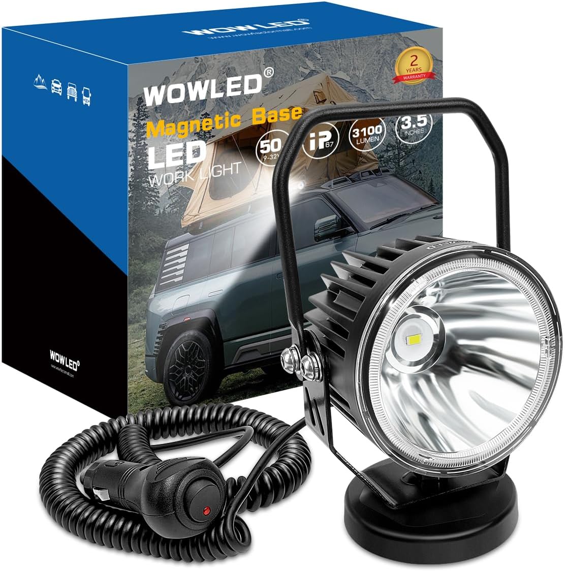Magnetic LED Work Light 12V, 50W 3.5 Inch Round Spotlight Pod Light with Magnetic Base Mount, Portable LED Light for Camping Car SUV Boat Truck Driving Fog Lamp Cigarette Lighter Lights