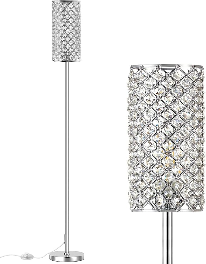 Crystal Floor Lamps - Modern Silver Standing Lamp with 3 CCT LED Bulbs for Elegant Home Decor Living Room and Bedroom Lighting - LeafyLoom