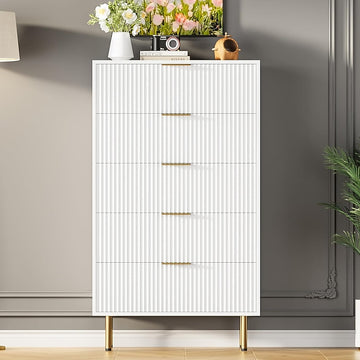 Qeetex 5 Drawer Dresser - White Dresser for Bedroom - 47.9inch Tall Dressers Chest of Drawers - Wood Tall Dressers with Metal Handle for Closet/Living Room/Entryway