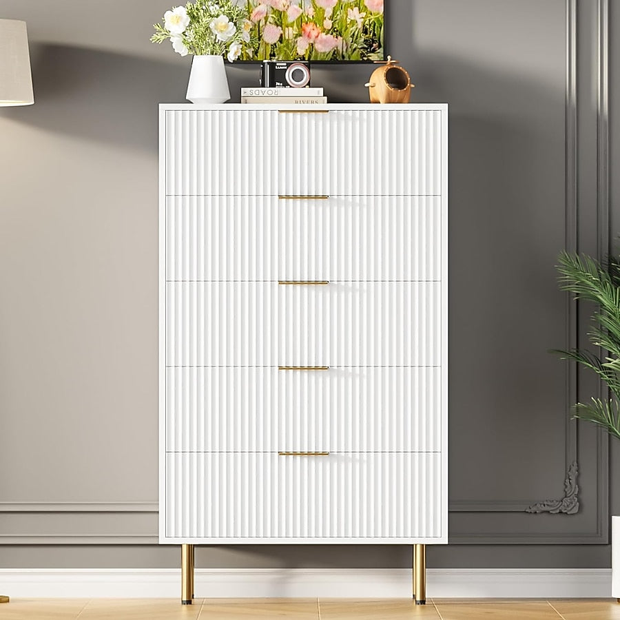Qeetex 5 Drawer Dresser - White Dresser for Bedroom - 47.9inch Tall Dressers Chest of Drawers - Wood Tall Dressers with Metal Handle for Closet/Living Room/Entryway
