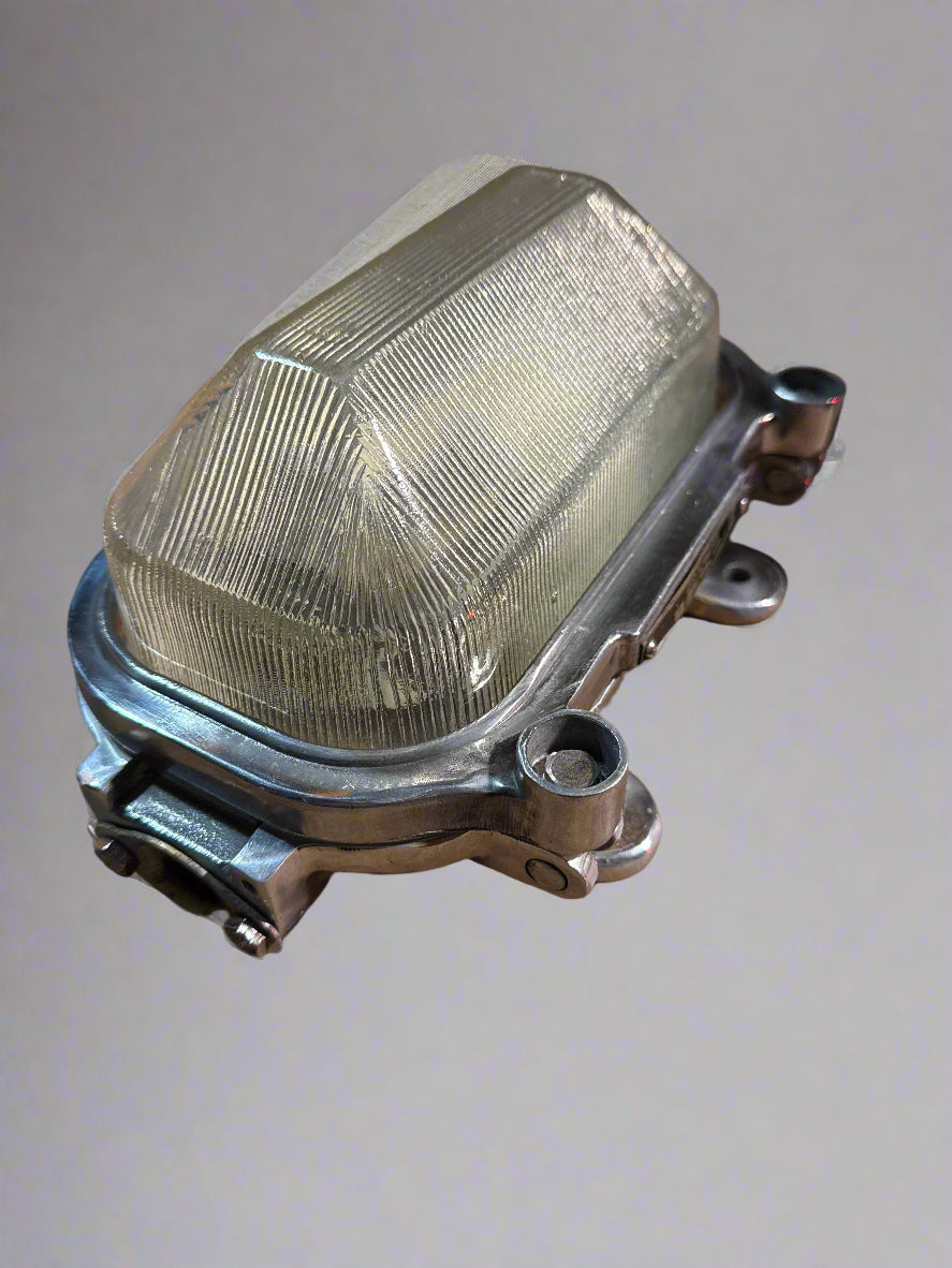 Salvaged 1950s CCP Naval Bulkhead Light with Holophane Glass