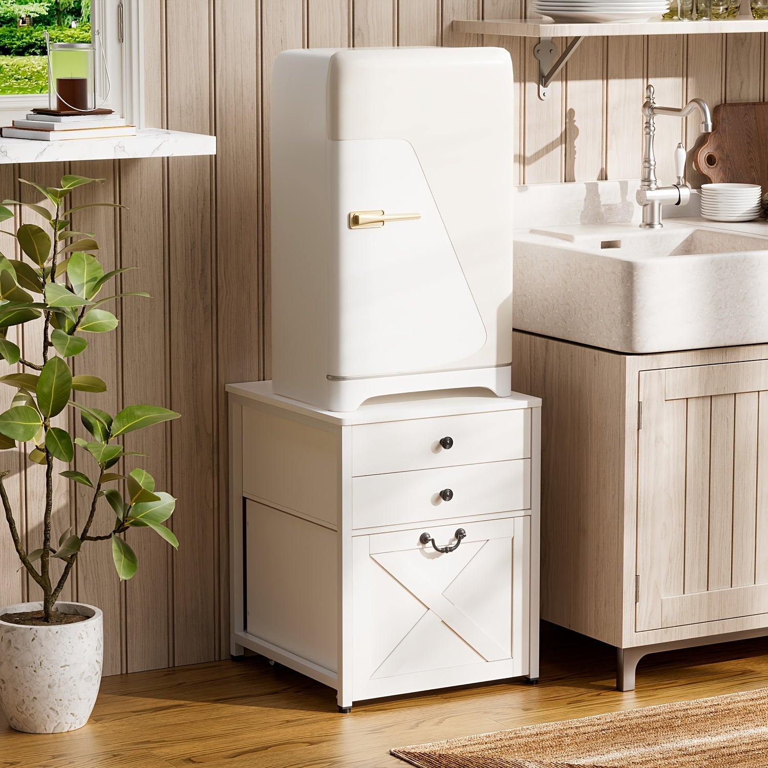3-Tier Mini Fridge Stand | Farmhouse Style Kitchen Microwave Stand with 2 Drawers and Wheeled Cabinet, Utility Storage for Home and Dorm Use