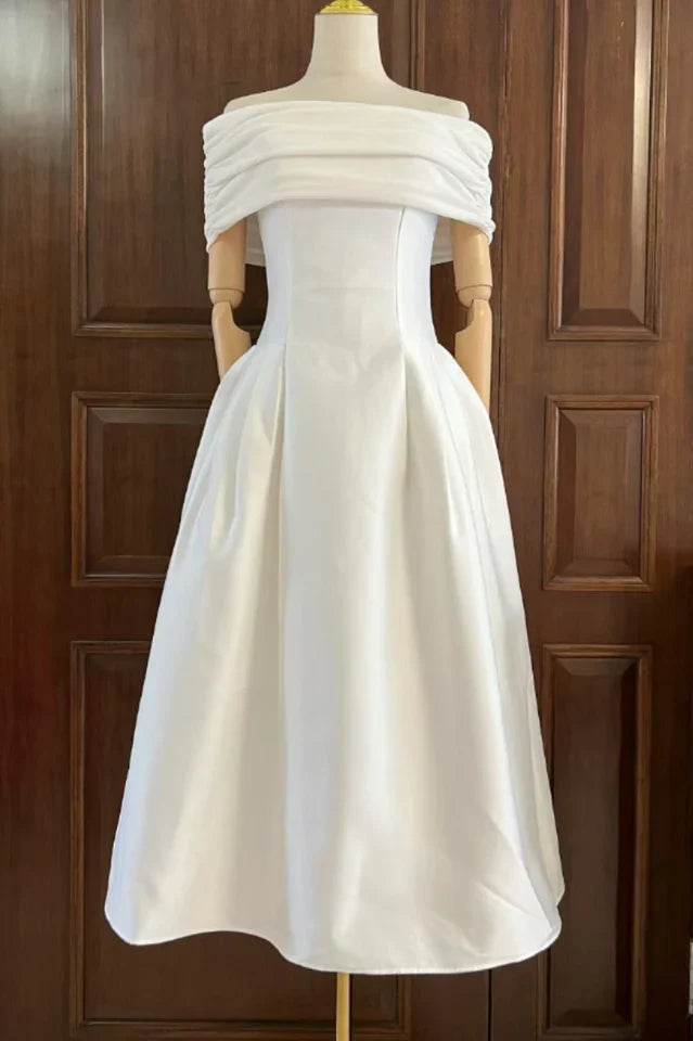 Vivian Off Shoulder Flare Satin Midi Dress