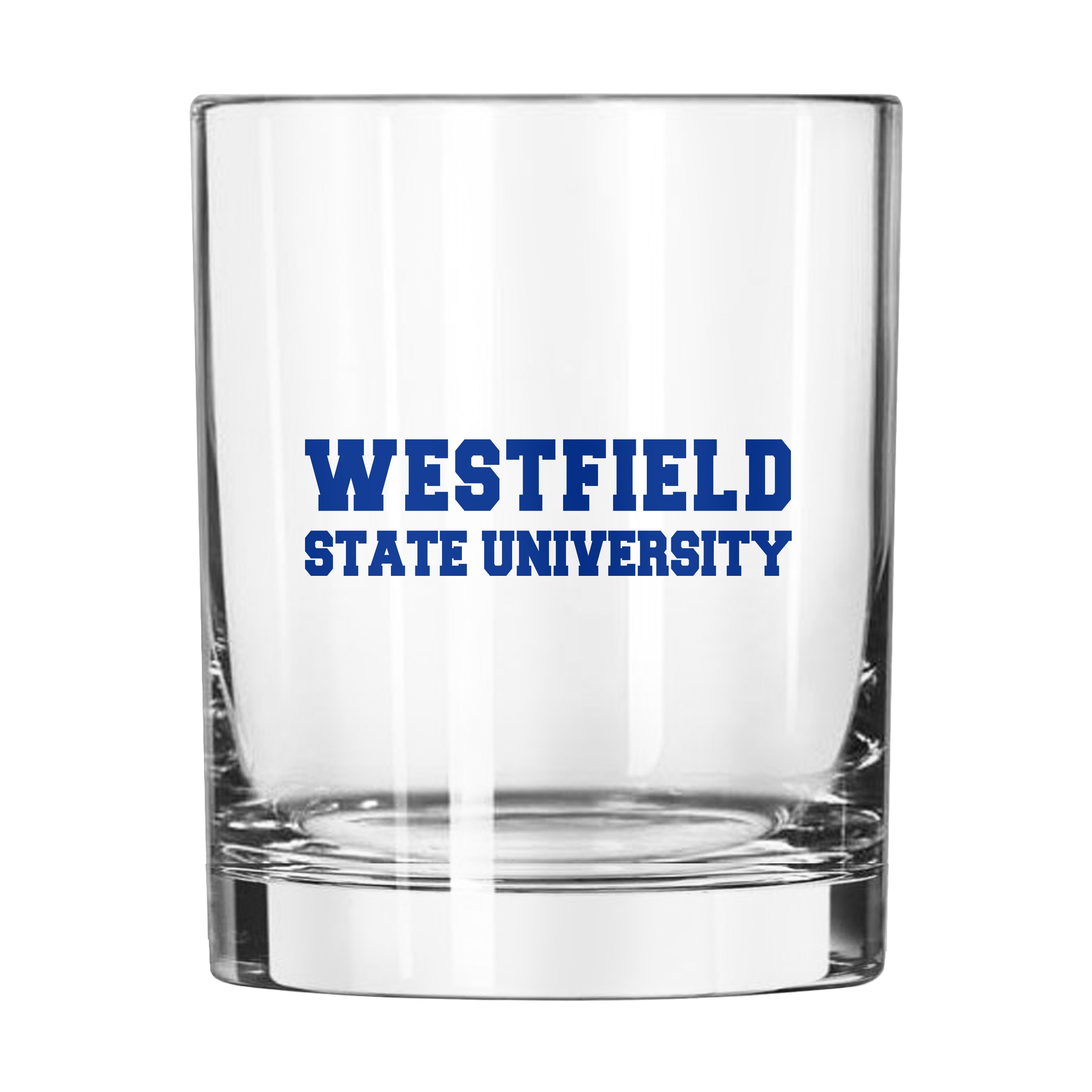 Westfield State University 14oz logo rocks glass featuring university emblem, made by Logo Brands, perfect for drinks and collection.