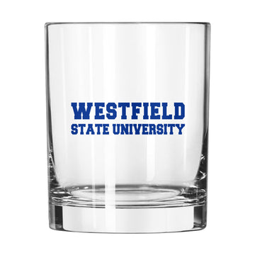 Westfield State University 14oz logo rocks glass featuring university emblem, made by Logo Brands, perfect for drinks and collection.