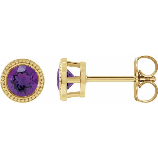 Amethyst Round Bezel-Set Stud Earrings in Gold and Platinum