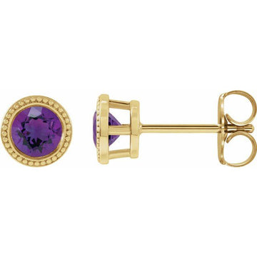 Amethyst Round Bezel-Set Stud Earrings in Gold and Platinum