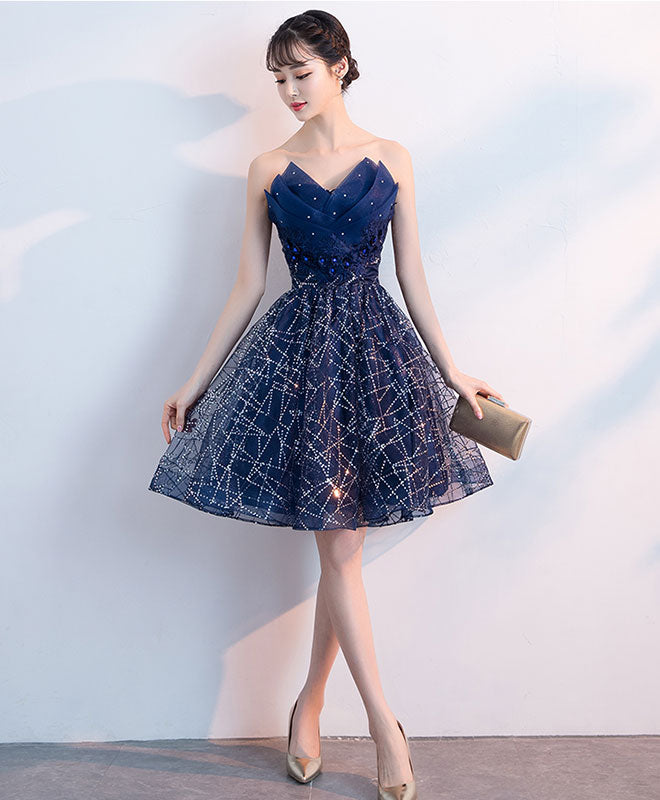 Dark Blue V Neck Tulle Sequin Short Prom Dress, Blue Homecoming Dress