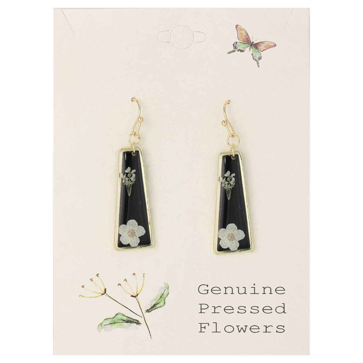 A pair of gold and black acrylic bar earrings with dried white flowers attached to them, displayed on a white card with illustrations of flowers.