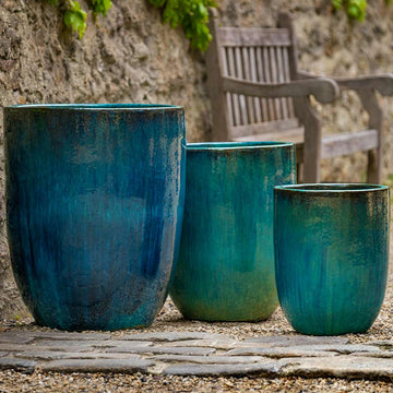 Mediterranean Blue Glazed Terra Cotta Bullet Planters - Set of 3