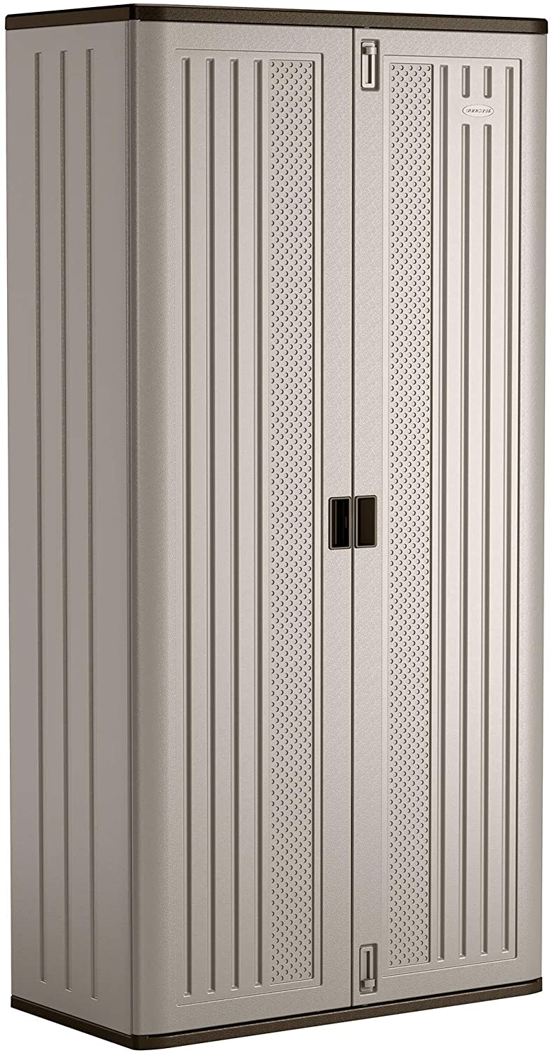 Suncast Mega Tall Storage Cabinet - Resin Construction for Garage Storage - 80.25" Garage Organizer with Shelving and Holds up to 75lbs. - Platinum Doors & Slate Top