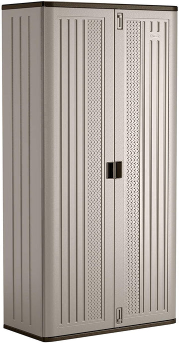 Suncast Mega Tall Storage Cabinet - Resin Construction for Garage Storage - 80.25" Garage Organizer with Shelving and Holds up to 75lbs. - Platinum Doors & Slate Top