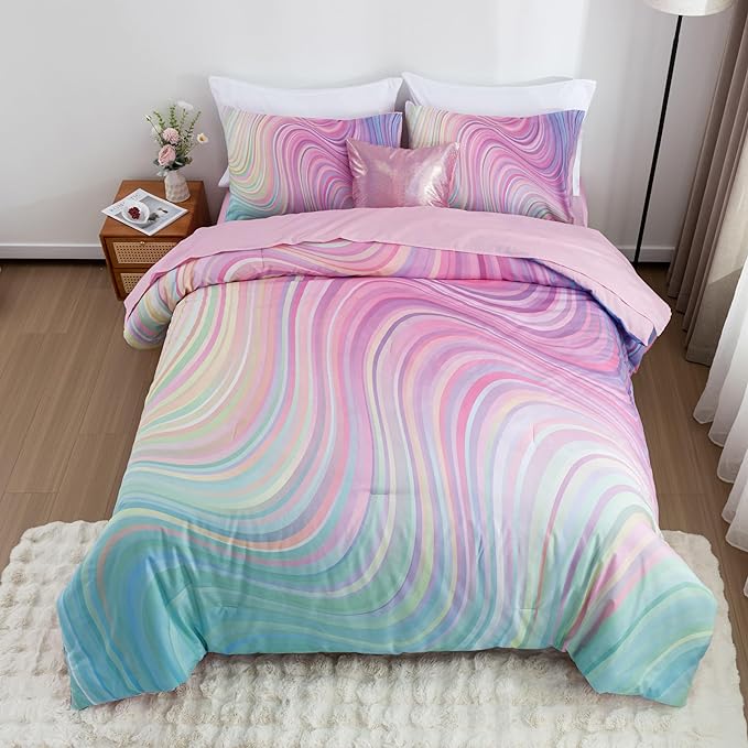 Btargot Super Soft 6 Pieces Gradient Wavy Line Comforter Set, Colorful Glitter Rainbow Star Pattern Bedding Set for Boys Girls Teens, Twin Pink Green - LeafyLoom