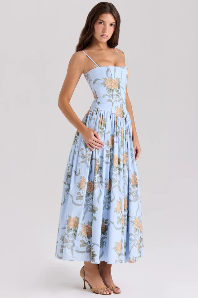 Vintage Rose Print Cotton Midi Sundress