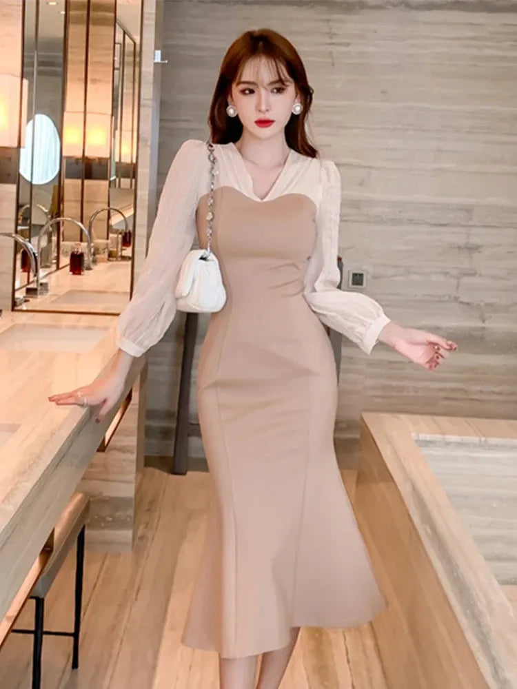 Korean Women's Dress: Chic Midi Dress, V-Neck Long Sleeve Wrap, Elegant Fishtail Hem for Parties & Daily Wear