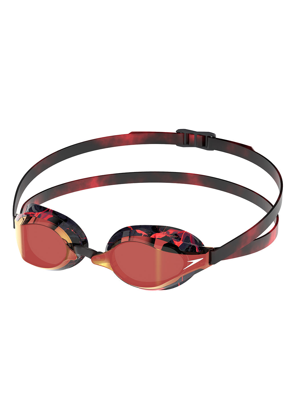 Speedo Competition Goggles in Splatter/Smoke/Crimson Gold Mirror design, ideal for competitive swimming. These sleek goggles feature a vibrant red and black strap with a mirrored lens for enhanced visibility. Perfect for swimmers seeking performance and style.