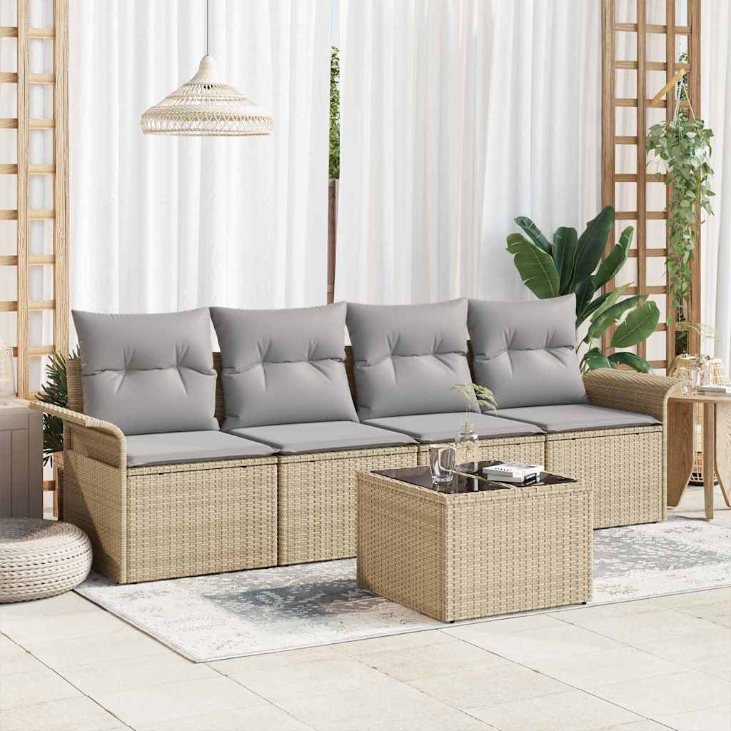 Gartensofa-set mit Kissen 5 pcs Beige und Grau Poly-Rattan