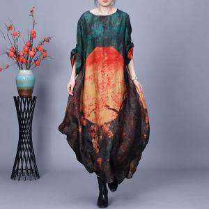 Senior Women Midi Silk Spring Shift Dress in Dark Green One Size