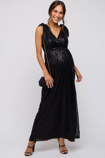 Black Sequin Sleeveless Wrap V-Neck Maternity Gown